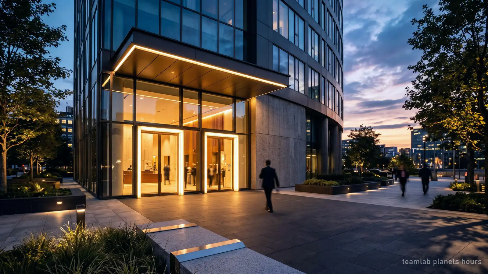 Illustration: a modern building entrance at dusk, for the museum's opening hours