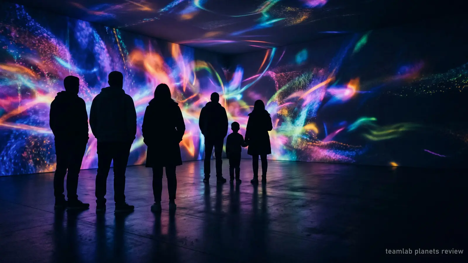 Illustration : des visiteurs vus de dos dans une salle sombre baignée de lumière colorée