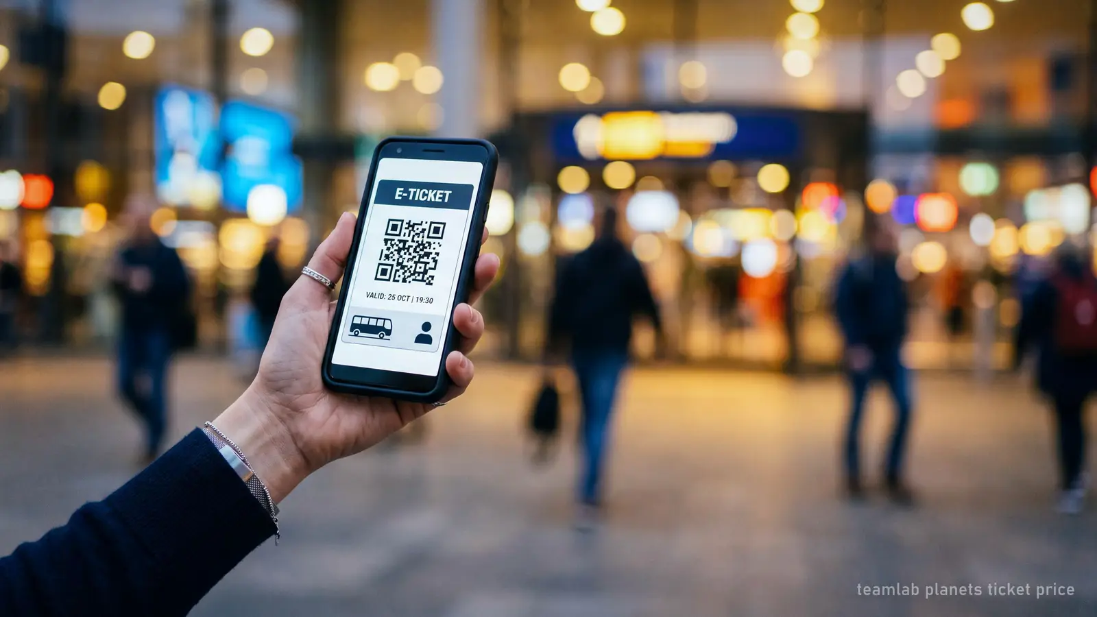 Illustration: a phone showing a QR e-ticket, the timed ticket used at teamLab Planets