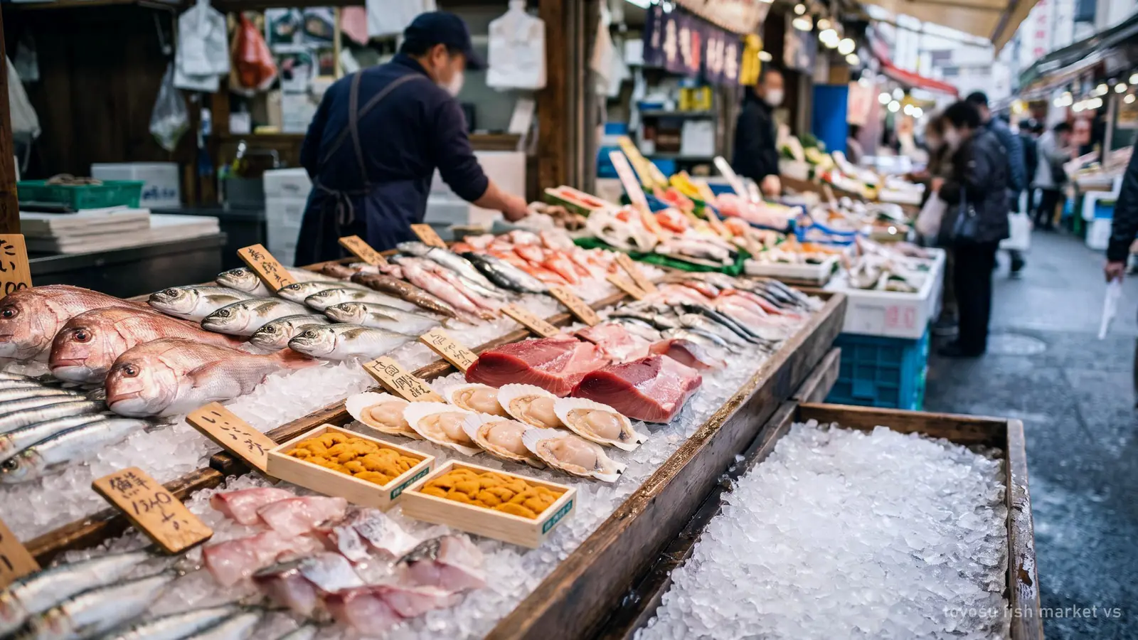 Illustration: fresh seafood on ice at a Japanese market stall, the kind sold at Tsukiji Outer Market and Toyosu