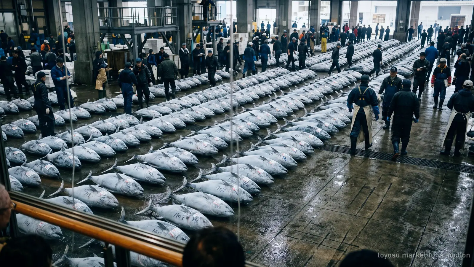 Illustration: rows of frozen tuna on a market floor before the morning auction, seen from a gallery