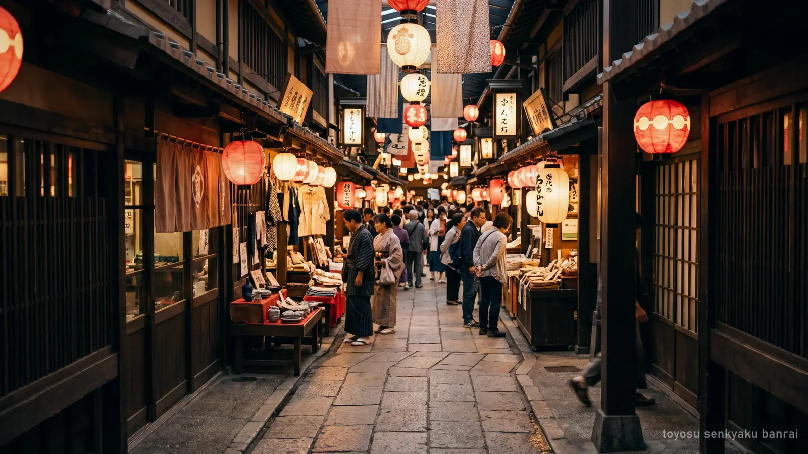 イラスト：木造の店先と提灯が並ぶ江戸風の市場通り。豊洲 千客万来の街並みのイメージ