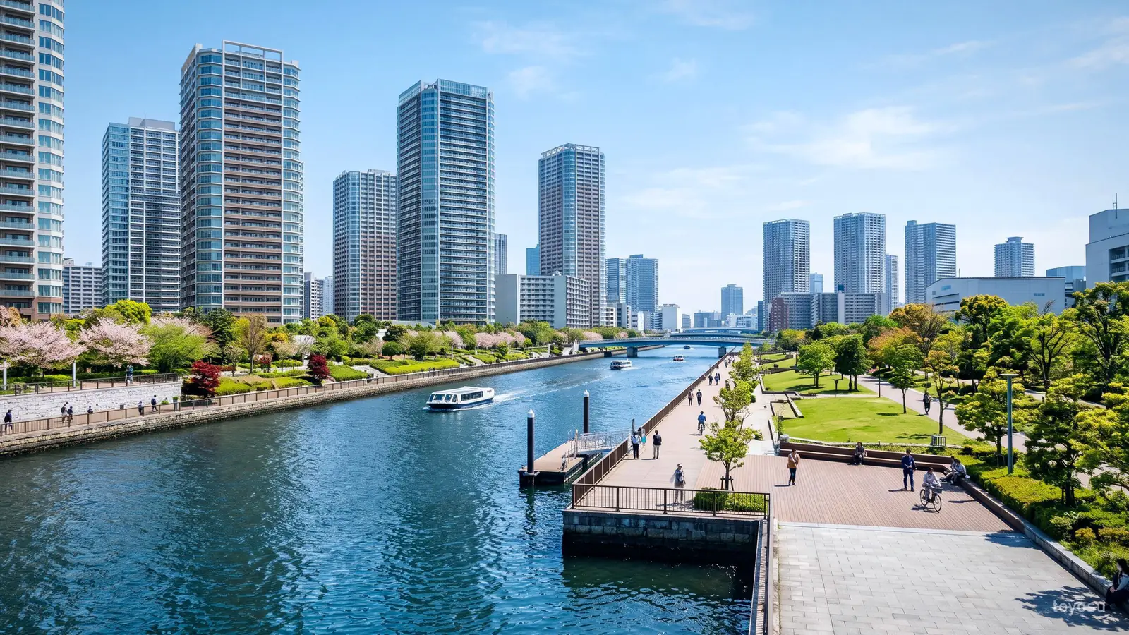 Illustration: a modern Tokyo waterfront district of towers, canal and park, like Toyosu