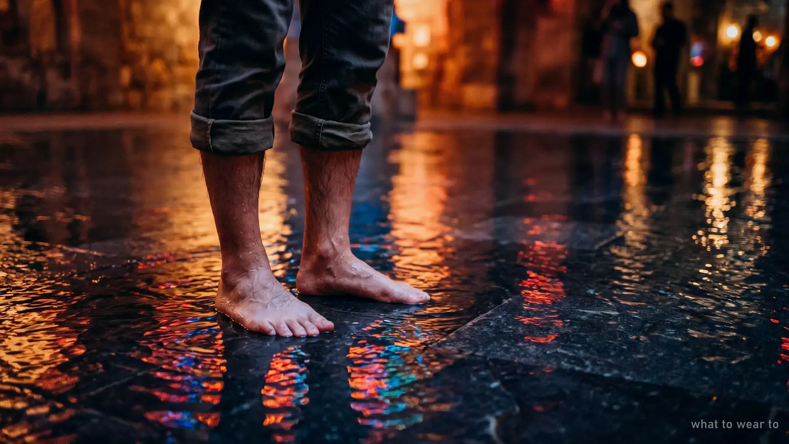 Illustration: trousers rolled above the knee and bare feet in shallow water, what to wear at teamLab Planets