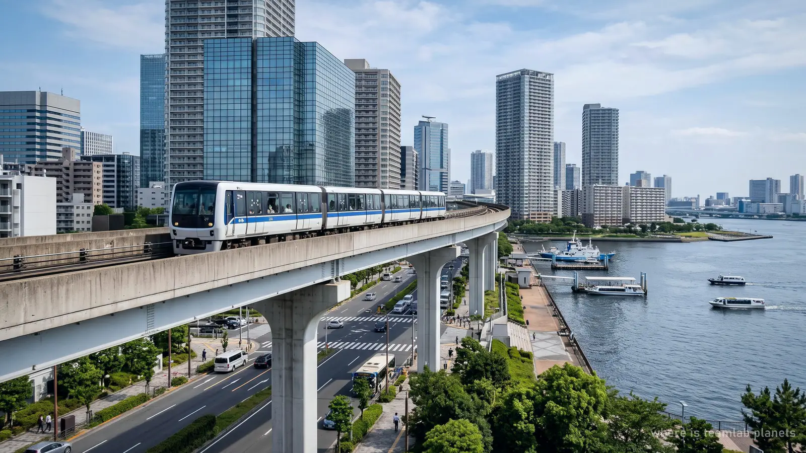 Illustration: an elevated driverless train on a viaduct, like the Yurikamome line to Shin-Toyosu